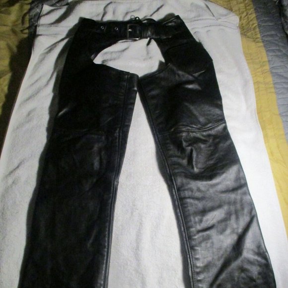Men's Black Leather Chaps with Legs Snaps and Zippers
